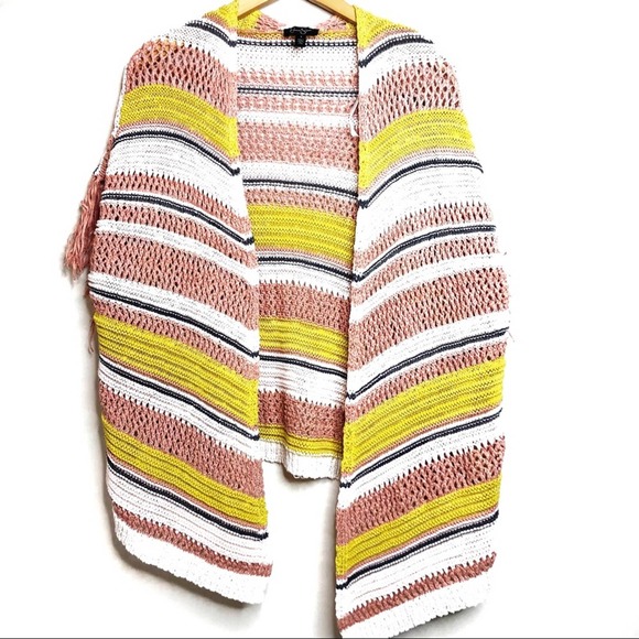 Jessica Simpson Aztec Knit Fringe Tassel Sweater Pink Yellow Women's Size Small - Picture 2 of 7